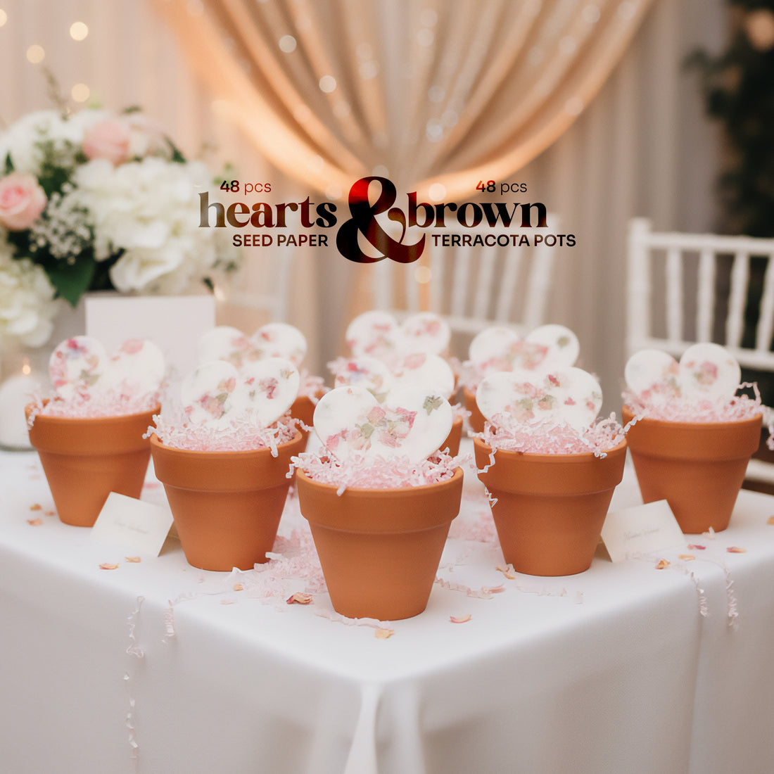 Wedding Favors Bundle – 48 Heart Seed Papers & 48 Mini Terracotta Pots