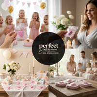 Baby in Bloom onesie seed paper favors perfect for baby girl showers - collage showing children with party decorations, mom holding favor card, elegant table setup with flowers and gifts