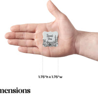 Visual guide demonstrating the 1.75"h x 1.75"w size of the Floral Plantable Thank You Seed Paper Tags by Seed Bloom Gifts held in a person's hand for scale.