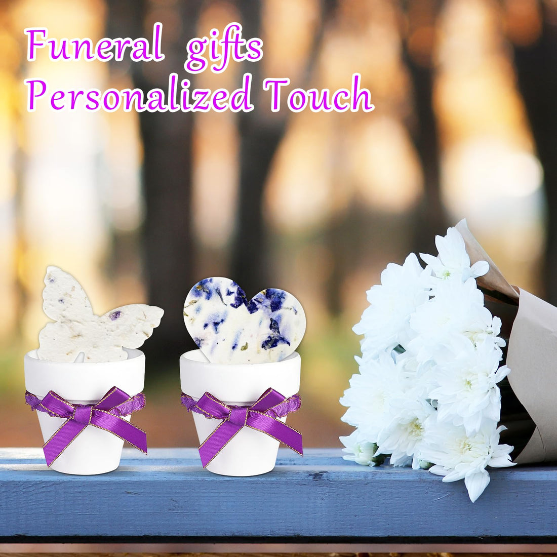 Purple Butterflies & White Pots with Bow Plantable Seed Paper – Set of 6 - Seed Bloom Gifts