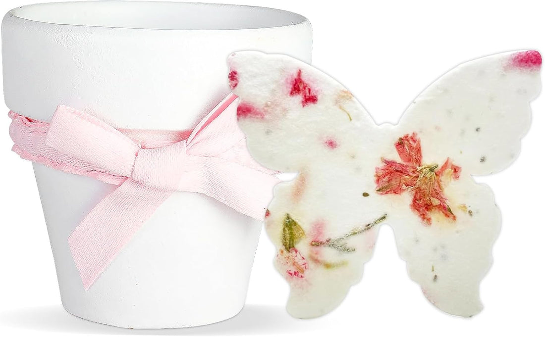 Pink Butterflies & White Pots with Bow Plantable Seed Paper – Set of 6 - Seed Bloom Gifts