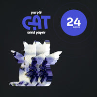 Product display for the Plantable Seed Paper Purple Pet Cat Memorial Favors by Seed Bloom Gifts in the 24-piece bulk pack, featuring the dark paper and purple text.