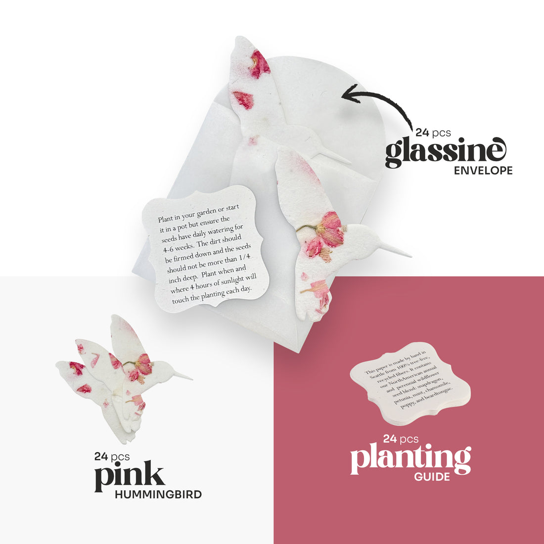 Pink Hummingbird Plantable Seed Paper - Set of 24 Animal or Pet Memorial Favors - Seed Bloom Gifts