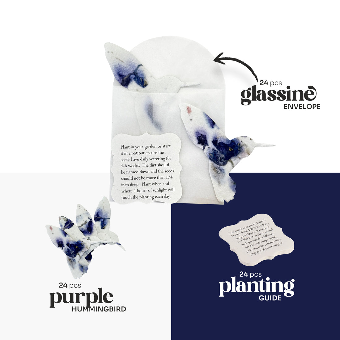 Purple Hummingbird Plantable Seed Paper - Set of 24 Animal or Pet Memorial Favors - Seed Bloom Gifts