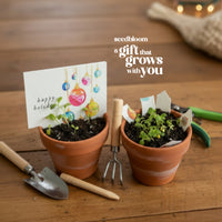 Two small potted plants with gardening tools and a plantable holiday greeting card by Seed Bloom Gifts on a wooden surface, featuring 'seedbloom' branding.