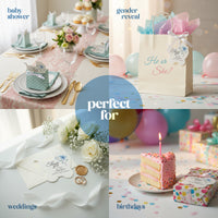 Collage of party-themed items including a baby shower table setting, gender reveal decor, wedding invitations, birthday cake and baby carriage seed paper baby shower favor by Seed Bloom Gifts.