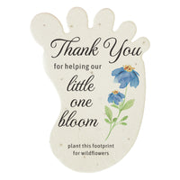 Decorative sign Baby footprint seed paper baby shower favor by Seed Bloom Gifts with blue flowers and text on a white background