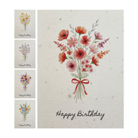 A cheerful birthday card showing a vibrant flower bouquet and the words "Happy Birthday" in bold letters