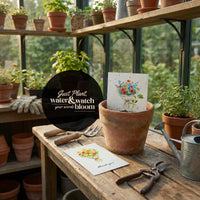 Bloom Thank You Cards showcasing a watercolor scene of gardening with vibrant flowers and tools