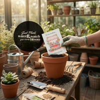 Hand holding a Mother's Day Bloom Card: with flower shop illustration planted in a terracotta pot with soil in a bright garden room, surrounded by gardening tools, watering can, and potted plants, with a quote bubble reading 'Just Plant, water & watch your words bloom