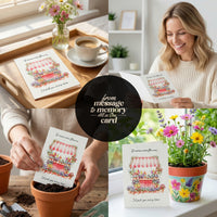 A woman plants flowers while holding a Mother's Day Bloom Card featuring a colorful flower design