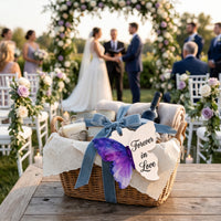 Bloom Wedding Favor butterfly tag on gift basket at ceremony