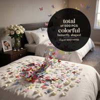 500 pcs colorful butterfly-shaped Confetti Seed Paper scattered on bed in bedroom setting