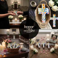 Bloom Cross-Shaped Funeral Favors at memorial service with candles and flowers