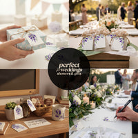 Seed paper gift tags with purple lavender botanical design lifestyle collage showing versatile uses for weddings, showers, and gifts