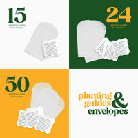 Eco-friendly planting guide by Seed Bloom Gifts beside a glassine envelope and seed card
