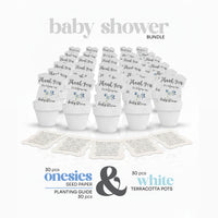 Baby shower bundle with baby bottle seed paper by Seed Bloom Gifts and terracotta pots on a white background
