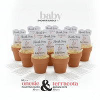 30 pcs Pink onesie plantable seed paper baby shower favor by Seed Bloom Gifts bundle with terracotta pots and planting guides on a white background