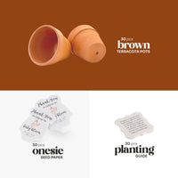 Terracotta pots, pink onesie plantable seed paper baby shower favor by Seed Bloom Gifts, and planting guide on a brown and white background