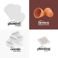 Four-panel image showing a Gender Neutral Green Baby Shower Plantable Seed Paper by Seed Bloom Gifts bundle breakdown. Top left: 30 pcs glassine envelopes. Top right: 30 pcs brown terracotta pots. Bottom left: 30 pcs onesie seed paper printed with 'Thank you for helping our baby bloom.' Bottom right: 30 pcs planting guide detailing the seed contents.