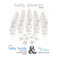 30pcs Baby shower bundle with seed paper by Seed Bloom Gifts, terracotta pots, and plantable labels on a white background.