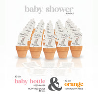 Baby shower favor seed paper bundle by Seed Bloom Gifts with seed paper bottles and terracotta pots on a white background