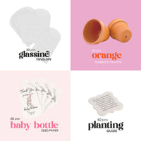 Collection of 30 pcs items including glassine envelopes, terracotta pots, baby bottle baby shower seed paper bundle by seed bloom gifts, and a planting guide on a pink and white background.