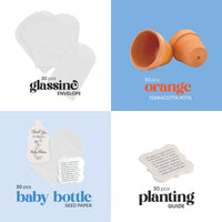 Collection of items including 30pcs each of glassine envelopes, orange terracotta pots, baby bottle seed paper by Seed Bloom Gifts, and a planting guide on a blue background.