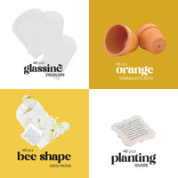 Collection of items including glassine envelopes, terracotta pots,Bee Shaped Seed Paper Baby Shower Favor By Seed Bloom Gifts, and a planting guide on a yellow background.