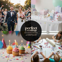 Collage of wedding couple, guests throwing plantable confetti hearts, baby shower, birthday party, and craft activities with 'Perfect Weddings' logo