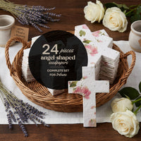 A basket adorned with flowers and a cross, showcasing Bloom Plantable Seed Paper Funeral Favors