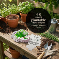 Herb-shaped plantable seed paper set on a wooden table with gardening tools and pots.