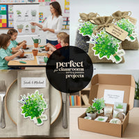 Collage of classroom activities, gift packaging, and product displays with a focus on plants and educational materials.