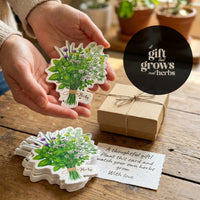 Hand holding a plantable card with herbs, surrounded by more cards and a gift box on a wooden surface.