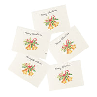 Set of Christmas-themed cards with ribbons and bells on a white background