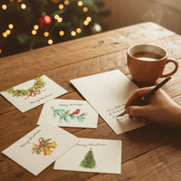 Hand writing a letter with Plantable Holiday Christmas cards by Seed Bloom Gifts and a mug of coffee on a wooden table.