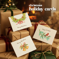 Set of Plantable Christmas holiday cards by Seed Bloom Gifts with decorative elements on wrapped gifts.