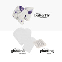 Butterfly seed paper set with glassine envelopes and planting guide on a white background