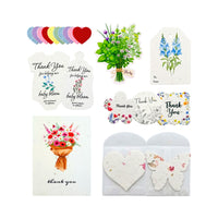 A set of baby shower thank you cards and envelopes, including paper tags, a bouquet card, a butterfly envelope, and a heart envelope with floral details.
