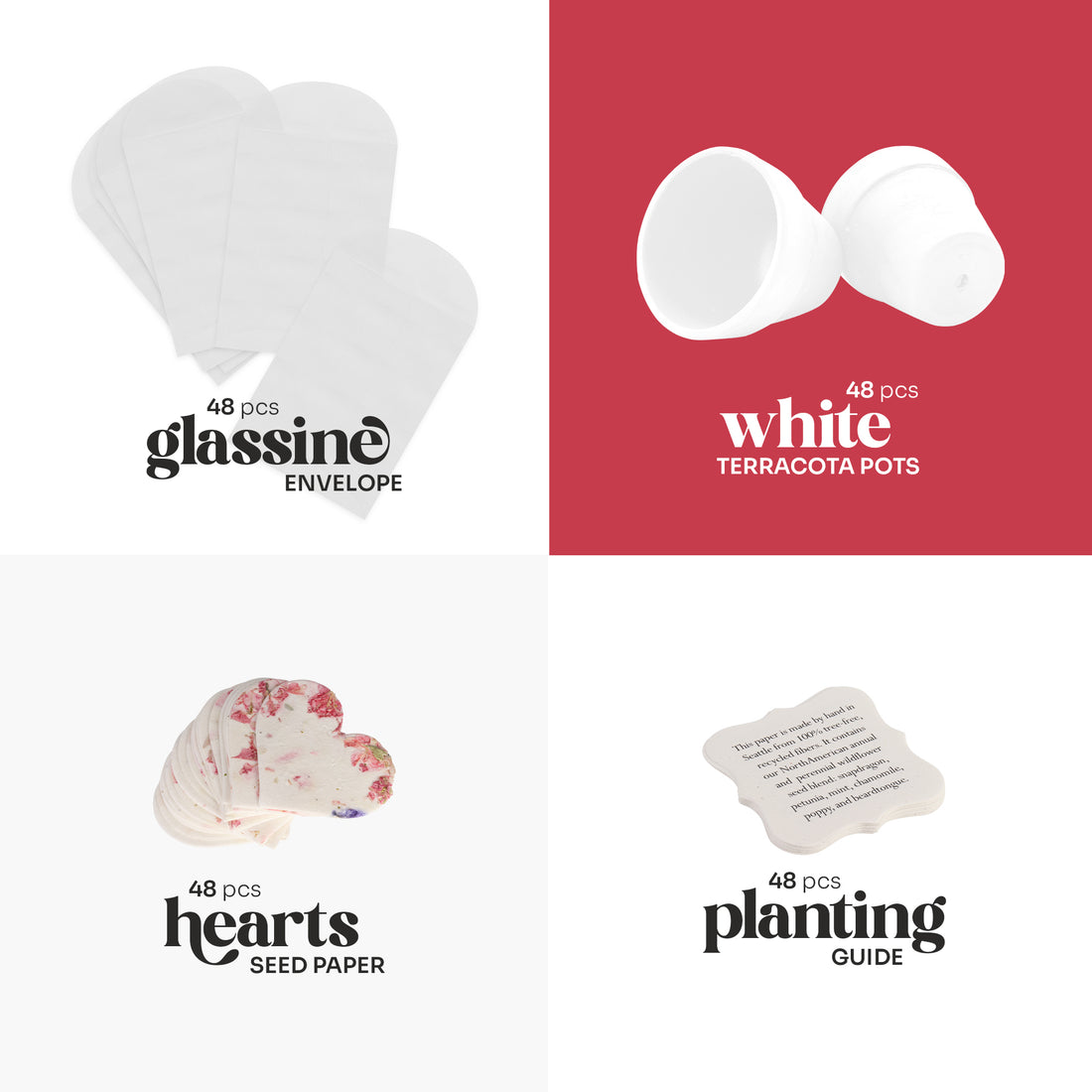 Collection of white items including glassine envelopes, terracotta pots, seed paper hearts, and a planting guide on a white background, Seed Bloom Gifts.