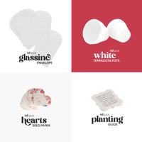Collection of white items including glassine envelopes, terracotta pots, seed paper hearts, and a planting guide on a white background, Seed Bloom Gifts.