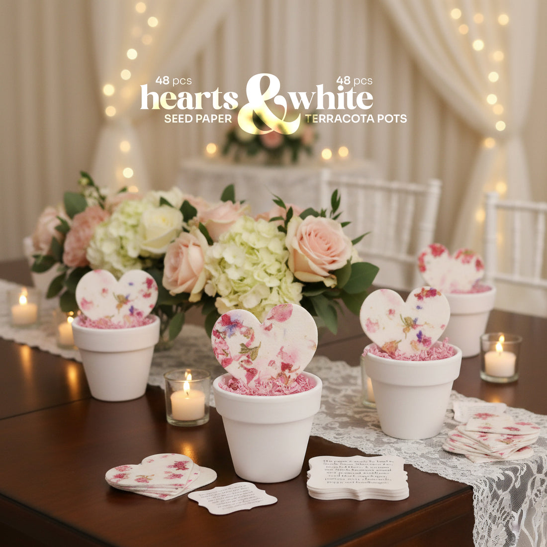 Wedding Favors Bundle – 48 Heart Seed Papers & 48 Mini Terracotta Pots