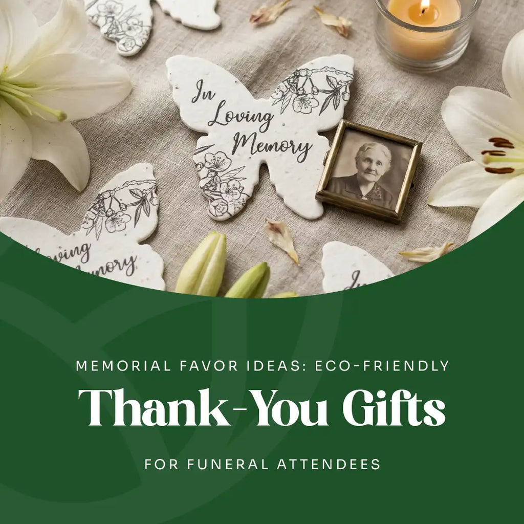 Eco-friendly memorial favor ideas with "In Loving Memory" butterfly ornaments and thank-you gifts for funeral attendees