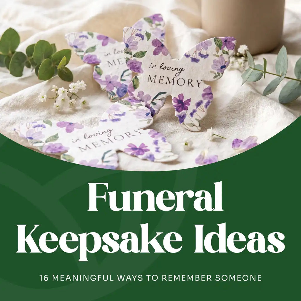 A purple butterfly-shaped seed paper favor rests on a white tablecloth, with leaves beside it, as a meaningful funeral keepsake.