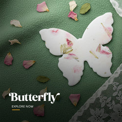 Two plantable seed paper butterfly favors embedded with purple and yellow petals, packaged in vellum and shown next to a detailed planting instruction card by Seed Bloom Gifts