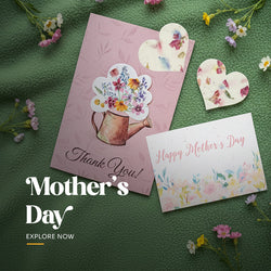 Plantable seed paper Happy Mother's Day card with soft pink floral border, paired with small rounded seed paper favors and a white planting instruction card by Seed Bloom Gifts