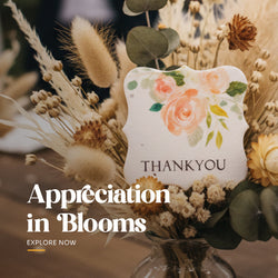 Plantable seed paper appreciation tag in a decorative die-cut shape, printed with 'Thank You' text and a detailed gray ink floral and vine design by Seed Bloom Gifts