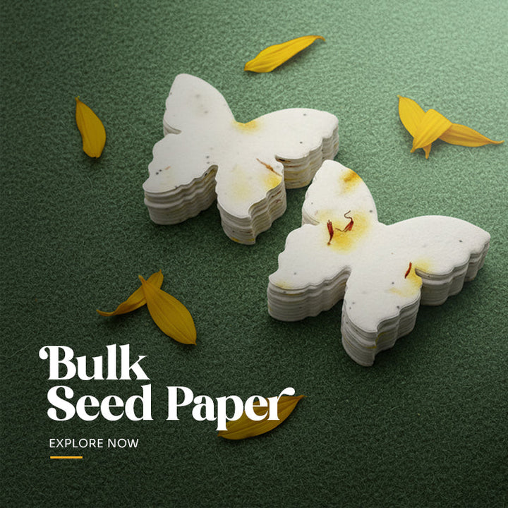 Plantable seed paper cut into a butterfly shape, featuring large embedded purple and yellow flower petals suitable for bulk purchase or favors by Seed Bloom Gifts