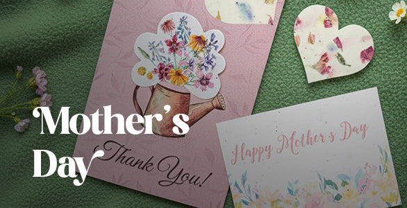 Mother's Day plantab;e cards with floral designs on a green fabric background by Seed Bloom Gifts
