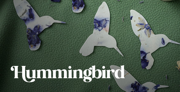 Decorative hummingbirds seed paper  by Seed Bloom gifts on a green background with 'Hummingbird' text.